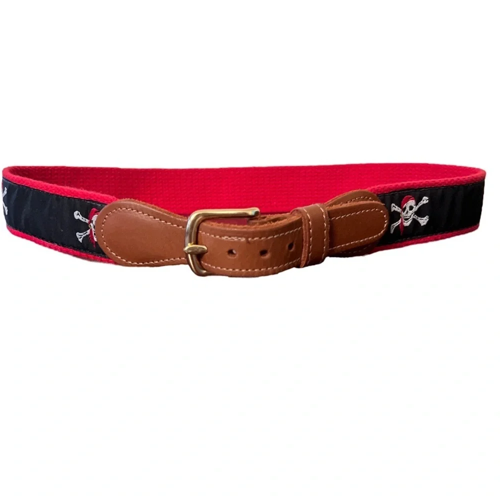 Vintage Preston belt pirate skulls fabric leather trim EUC